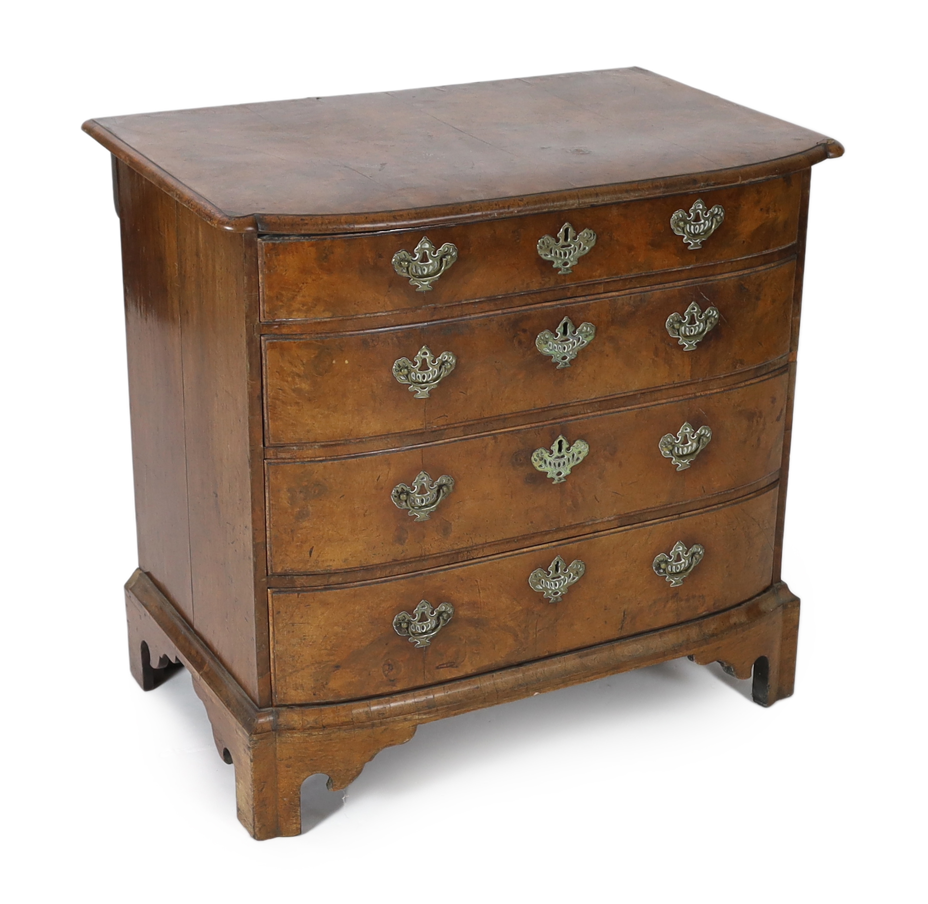 An 18th century Dutch walnut bowfront chest, 89cm wide, 57cm deep, 84cm high